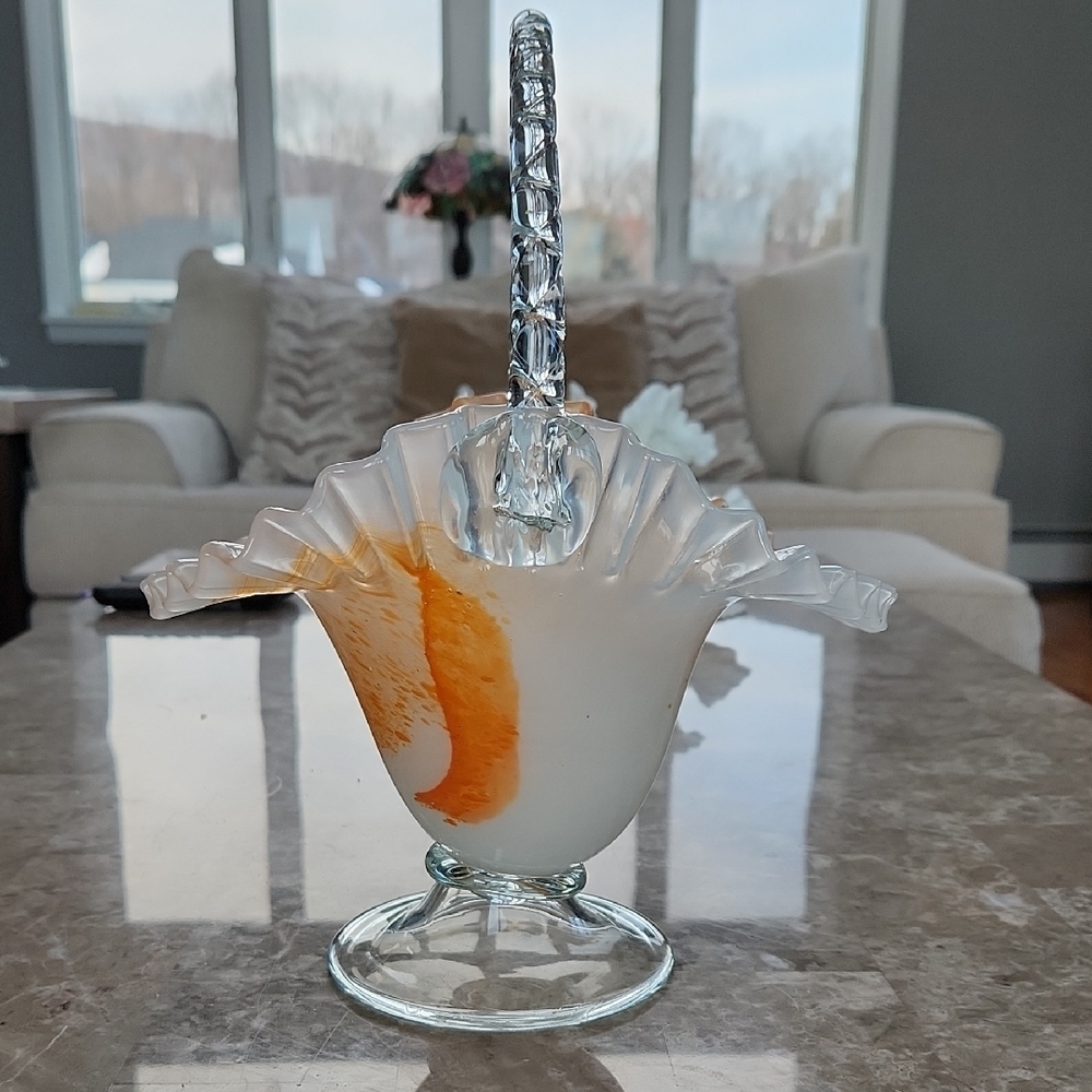 Hand Blown Basket, 11" Tall, Orange/white/clear